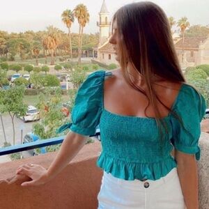 Zara Smocked Cropped Top Eyelet Ruffle Trim Green Puff Sleeve Boho Square Sz XS